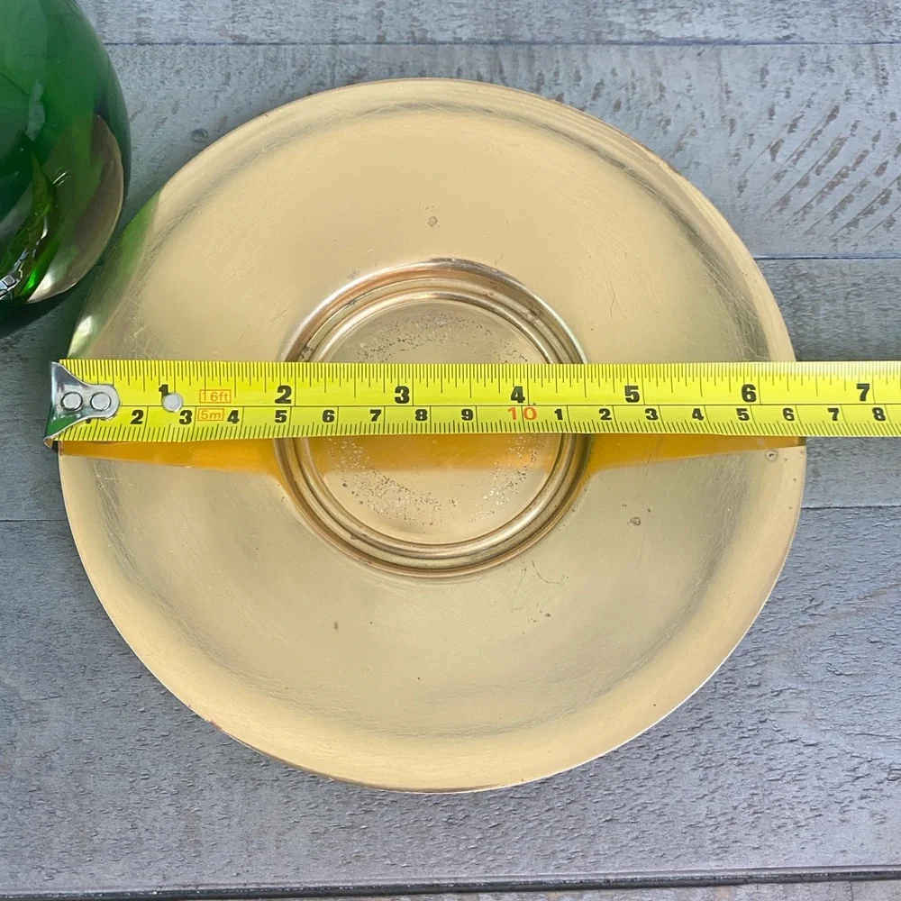 Vintage Emerald Glo Star Cut Green Glass Brass Pitcher Saucer National SilverCo